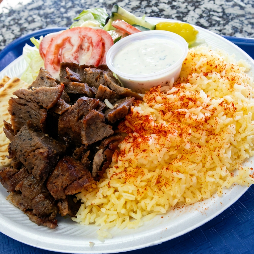 Plate of sliced gyro meat, yellow rice, pita bread, salad vegetables, and creamy sauce on a blue tray.