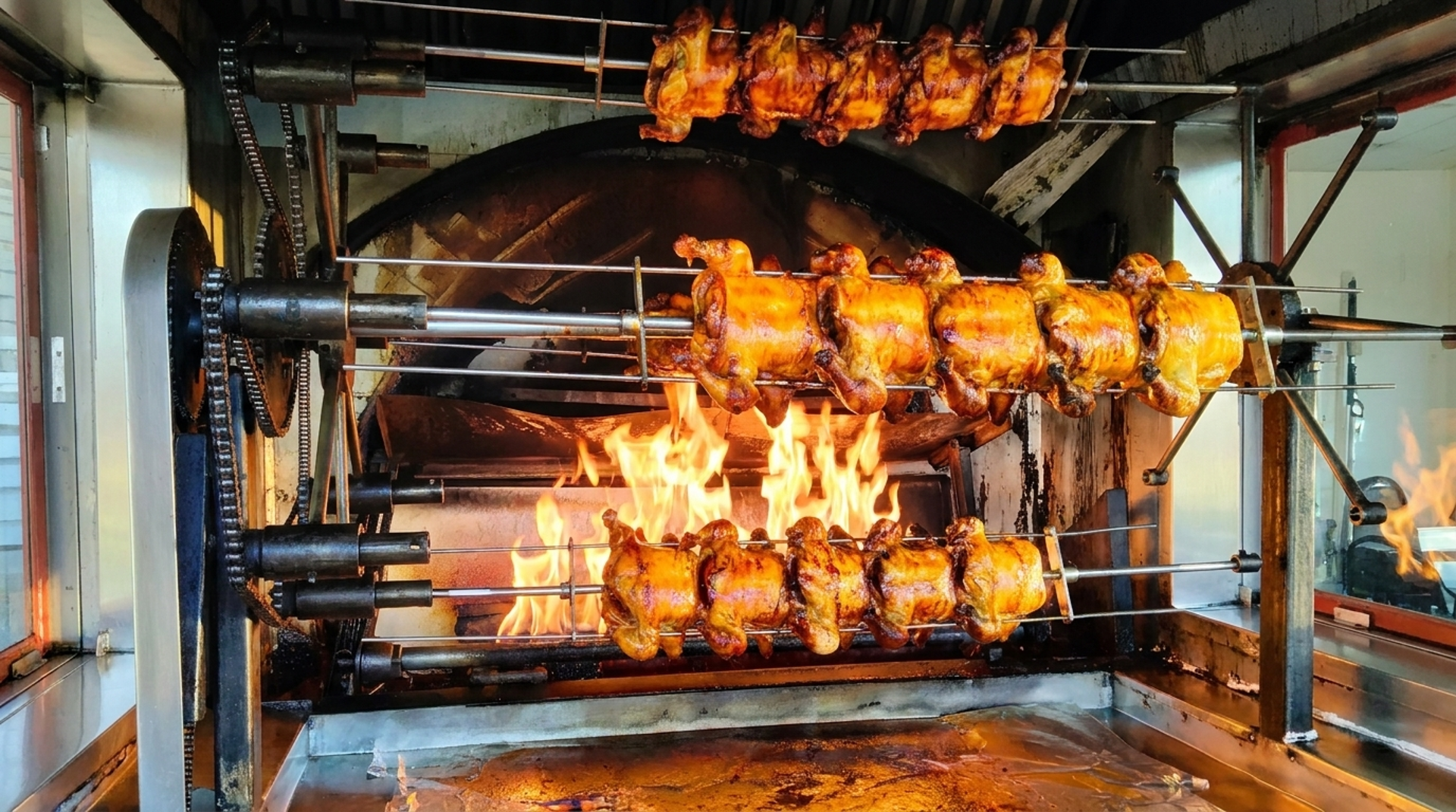 Half chickens off the open flame
