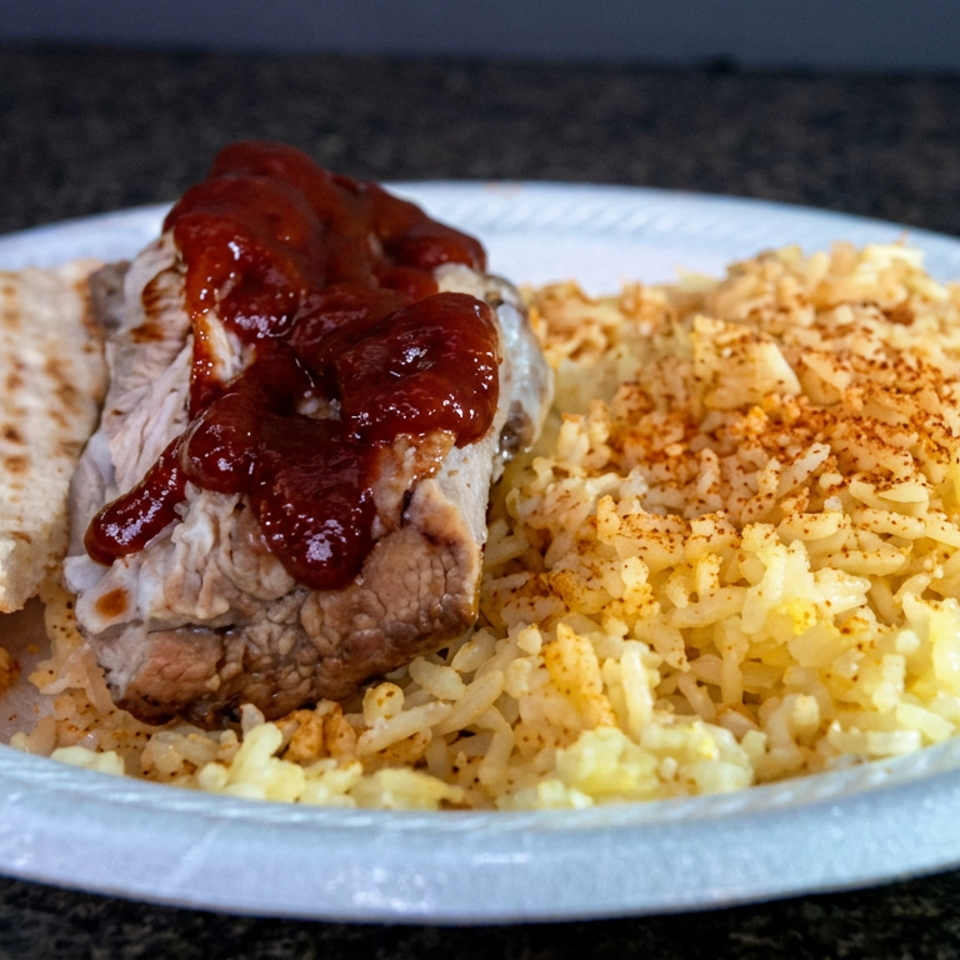 Plate of sliced barbecue meat topped with sauce, yellow seasoned rice, and flatbread.